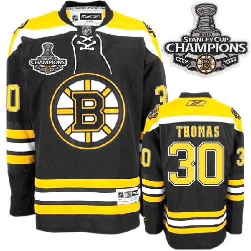 Reebok Tim Thomas Boston Bruins Youth Home Authentic With 2011 Stanley Cup Champions Jersey - Black