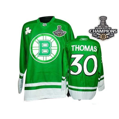 Reebok Tim Thomas Boston Bruins St Pattys Day Authentic With 2011 Stanley Cup Champions Jersey - Green