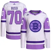 Adidas Men's Brandon Bussi Boston Bruins Authentic Hockey Fights Cancer Primegreen Jersey - White/Purple