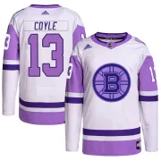 Adidas Men's Charlie Coyle Boston Bruins Authentic Hockey Fights Cancer Primegreen Jersey - White/Purple