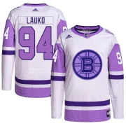 Adidas Men's Jakub Lauko Boston Bruins Authentic Hockey Fights Cancer Primegreen Jersey - White/Purple