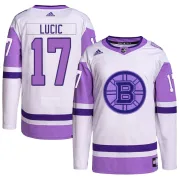 Adidas Men's Milan Lucic Boston Bruins Authentic Hockey Fights Cancer Primegreen Jersey - White/Purple