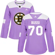 Adidas Women's Brandon Bussi Boston Bruins Authentic Fights Cancer Practice Jersey - Purple