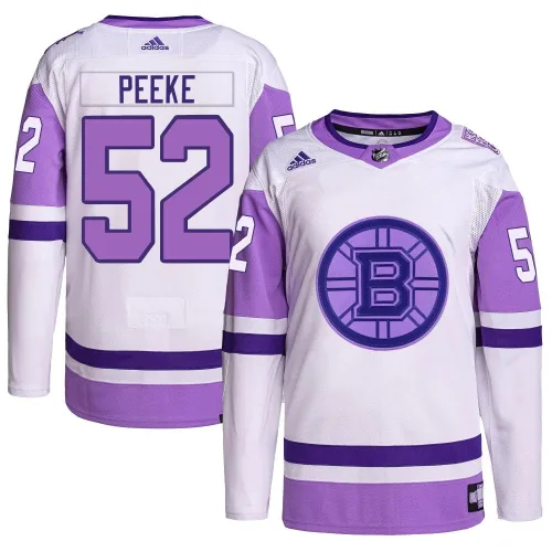 Adidas Youth Andrew Peeke Boston Bruins Authentic Hockey Fights Cancer Primegreen Jersey - White/Purple