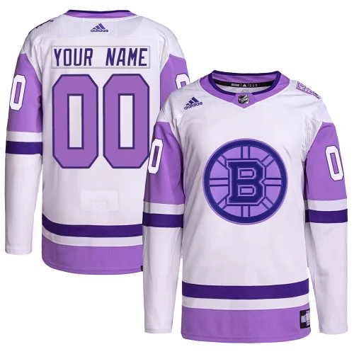 Adidas Youth Custom Boston Bruins Authentic Custom Hockey Fights Cancer Primegreen Jersey - White/Purple