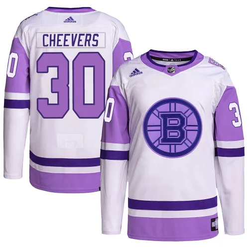 Adidas Youth Gerry Cheevers Boston Bruins Authentic Hockey Fights Cancer Primegreen Jersey - White/Purple