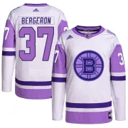 Adidas Youth Patrice Bergeron Boston Bruins Authentic Hockey Fights Cancer Primegreen Jersey - White/Purple