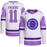 Adidas Youth Trent Frederic Boston Bruins Authentic Hockey Fights Cancer Primegreen Jersey - White/Purple